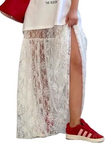 Wyeysyt Spitzenrock: Blumenbestickte Maxi-Spitzenröcke für Damen, langer und durchsichtiger Rock, A-Linien-Strandröcke, Weiss/opulenter Garten, Mittel von Wyeysyt