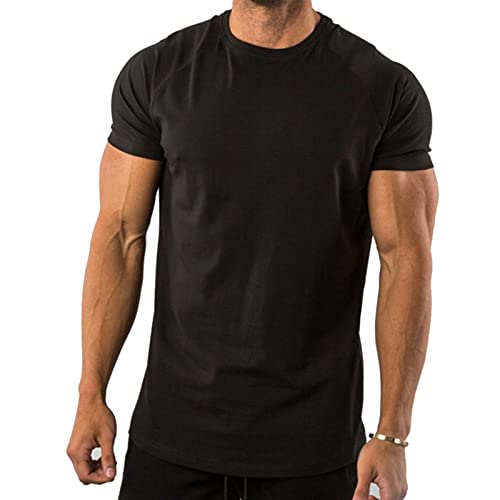 Herren Muscle Athletic T-Shirt, Baumwolle Fashion T-Shirts Bodybuilding Fashion Kurzarm Für Fitnesstraining Joggen (Color : Black, Size : L) von Wygwlg