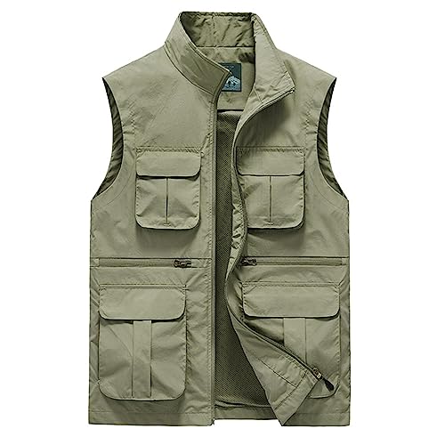 Wygwlg Herren-Cargoweste In üBergrößE, LäSsige Outdoor-Freizeitjacke Mit Mehreren Taschen, äRmellose Jacke, Arbeits- Und Reise-Utility-Weste, FüR Reisen, Fotoangeln (Color : Khaki, Size : 4XL) von Wygwlg