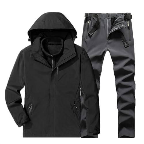 Zweiteiliger Herren-Skianzug, Männer Winter Outdoor Dicke Warme Winddicht Wasserdicht Atmungsaktiv Ski Anzüge Set, Abnehmbare Kapuzenjacke Dazu Gehören Mütze, Rucksack, Gürtel, Schal (Color : Black 2 von Wygwlg