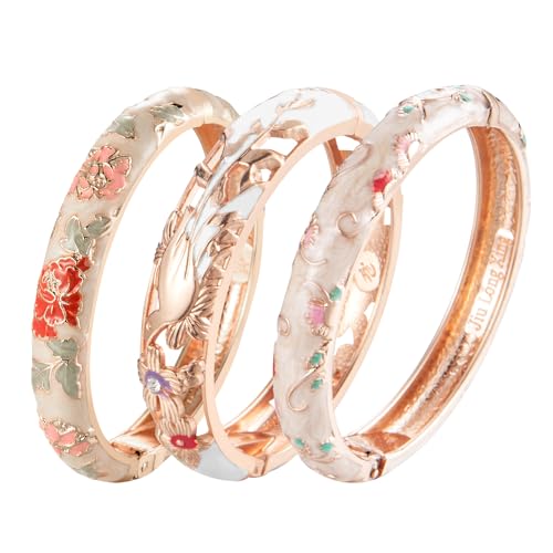 Wynameleri Emaille Armreif für Frauen Handgemachtes Floral Vintage Armband für Dame Schmuck 3 Stück Messing Gold Armreif für Frauen Mutter von Tochter Glück Armband 7.4in *3 von Wynameleri