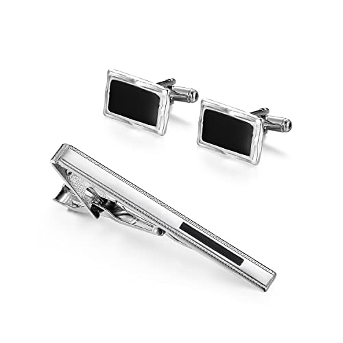 Wynameleri Manschettenknöpfe Krawattenklammern Set Herren Accessoires Geschenk, Herren Manschettenknöpfe für Männer Hochzeit Cardigan Clips für Männer Silber Manschettenknöpfe Box Schwarz von Wynameleri