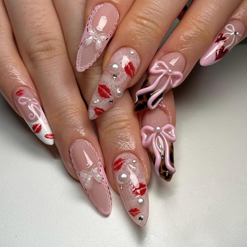 24 Pcs Mandelpresse Auf Nägeln Bowknot Designs Französische Gefälschte Nägel Acryl Falsche Nägel Künstliche Klebstoffe Auf Frauen Presse Nagel Sarg Mandel Französisch Nagel von Wynrzyj