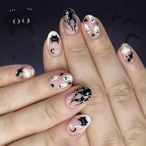 Halloween Press Auf Nägeln Mandel Französisch Tipps Gefälschte Nägel Acrylnägel Mit Blumenschläger Designs Für Frauen Klebstäben Nagel Ankleben von Wynrzyj