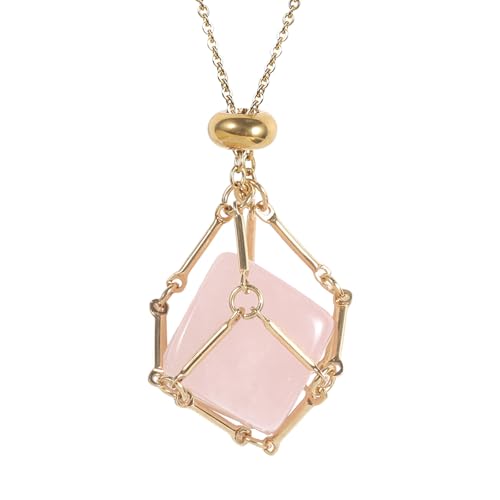 Wynrzyj Handgefertigte Quadratische Kristall Anhänger Halskette Mit Flexibler Verbindungskette Und Sichere Mesh Käfig Einstellung Für Elegante Gelegenheiten Vielseitiger Bambus Und Steinkette von Wynrzyj