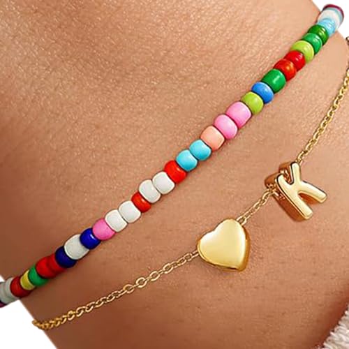 Wynrzyj Layering Heart Charme Armband Mit Farbenfrohen Perlen Anfangsbuchstaben Kupferschmuck Geschenk Für Teenager Mädchen Best Freundesbrief Armband Für Frauen von Wynrzyj