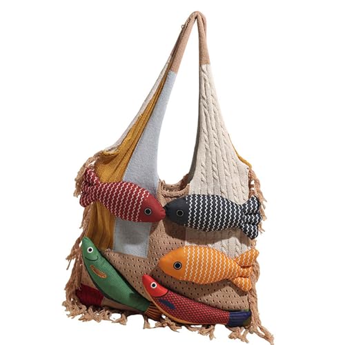 Wynrzyj Wunderwertiges Fischdesign Geräumiges Strickpendlertasche Für Frauen Stilvolle Arbeitsbeutel Reisen Essentielle Polyester Handtasche Praktische Gestrickt Mit Patchwork von Wynrzyj