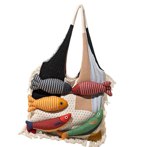 Wynrzyj Wunderwertiges Fischdesign Geräumiges Strickpendlertasche Für Frauen Stilvolle Arbeitsbeutel Reisen Essentielle Polyester Handtasche Praktische Gestrickt Mit Patchwork von Wynrzyj