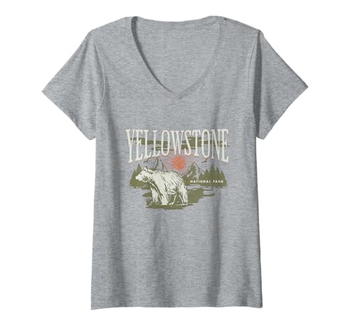 Damen Yellowstone Forest National Park Bear Outdoor Wandern T-Shirt mit V-Ausschnitt von Wyoming Lakes Wildlife Fishing & Camping Gifts