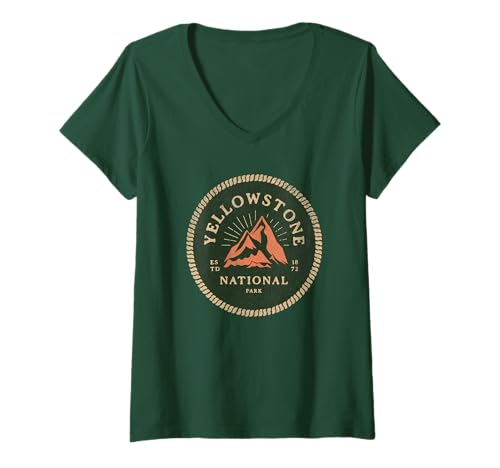 Damen Yellowstone Forest National Park Outdoor Wandern Distressed T-Shirt mit V-Ausschnitt von Wyoming Lakes Wildlife Fishing & Camping Gifts