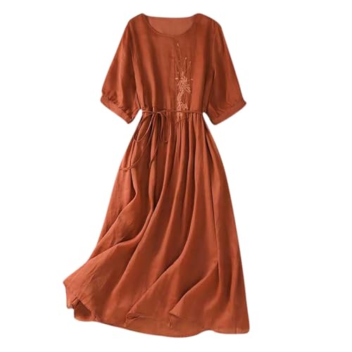 Baumwolle Leinen Kleid Damen Blusenkleid Langarm Halb Knopf Maxi Kleider Sommer Langes Kleid Leinenkleid Hemdkleid Strandkleid A-Linie Maxikleider von Wyongtao