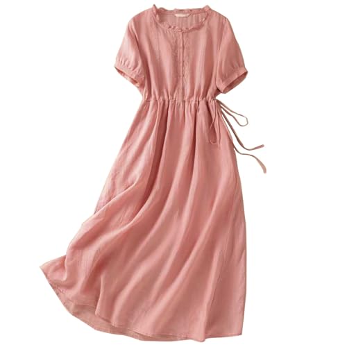 Baumwolle Leinen Kleid Damen Blusenkleid Langarm Halb Knopf Maxi Kleider Sommer Langes Kleid Leinenkleid Hemdkleid Strandkleid A-Linie Maxikleider von Wyongtao