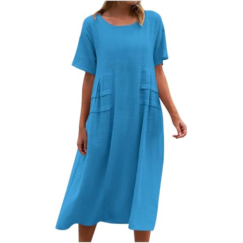 Baumwolle Leinen Kleid Damen Leinenkleid T Shirts Kleider Boho Sommer Midi Kleid Kurzarm Rundhalsausschnitt Langes Kleid Freizeitkleider Sommerkleid Strandkleider von Wyongtao