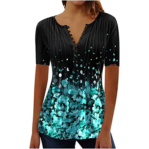 Bluse Damen Sommer T Shirt 2025 V Ausschnitt Kurzarm Knöpfe Damen Oberteile Elegant Boho Blumendruck Damenblusen Casual Blusenshirt Tunika Lockeres Lässiges Oversize T-Shirt S-5XL von Wyongtao