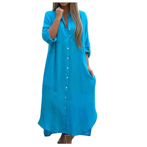 Blusenkleider Damen Langes Sommerkleid Leinen Maxi Strandkleid Solide Langarm Freizeitkleid Button Down Tunikakleider Baggy Basic Büro Arbeitskleid Party Wear Leinenkleid von Wyongtao