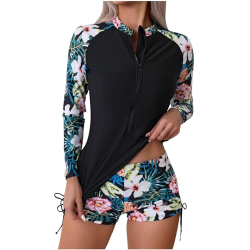 Damen Badeanzug Zweiteilige Rash Guard Set Lange Ärmel Swim Shirt mit Boyshort Surfanzug Badeanzug mit Brustpolster Langarm UPF 50+ UV Schutz Zweiteiler Badeanzug Schwimmanzug Sonnenschutz Bademode von Wyongtao