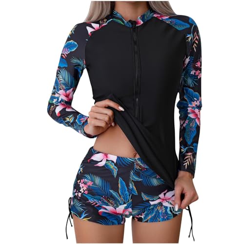Damen Badeanzug Zweiteilige Rash Guard Set Lange Ärmel Swim Shirt mit Boyshort Surfanzug Badeanzug mit Brustpolster Langarm UPF 50+ UV Schutz Zweiteiler Badeanzug Schwimmanzug Sonnenschutz Bademode von Wyongtao