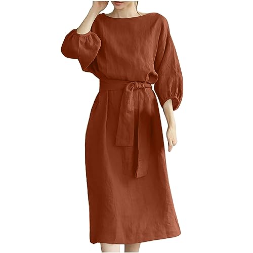 Damen Elegantes Kleid Leinenkleid Midi Kleid 3/4 Ärmel Rundhalsausschnitt Langes Kleid Baumwolle Leinen Kleider Damenkleider Büro Arbeit Formales Kleid Urlaub Strand Casual Sommerkleider mit Gürtel von Wyongtao