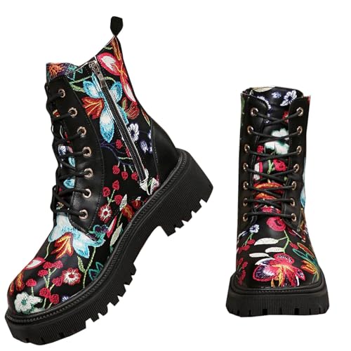 Damen Stiefeletten Flach Combat Boots Punk Schnürstiefeletten Metallfarbe Mid-Calf Biker Boots Herbst Winter von Wyongtao