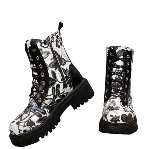 Damen Stiefeletten Flach Combat Boots Punk Schnürstiefeletten Metallfarbe Mid-Calf Biker Boots Herbst Winter von Wyongtao