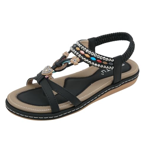 Flache Sandalen Damen Sommer Freizeit Zehentrenner mit Weiche Fußbett Elegant Flache Strass Böhmischer T-Riemen Frauen Sandalen Weichen Sohlen Sommerschuhe Glitzer Leder Orthopädische Slipper von Wyongtao