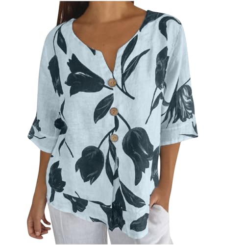 Leinenbluse Damen Bluse Damen Sommer Tunika V-Ausschnitt Große Größen Blusenshirt Damen Langarmshirt Leinen Baumwolle Hemd Oberteile Shirt Musselin Bluse von Wyongtao