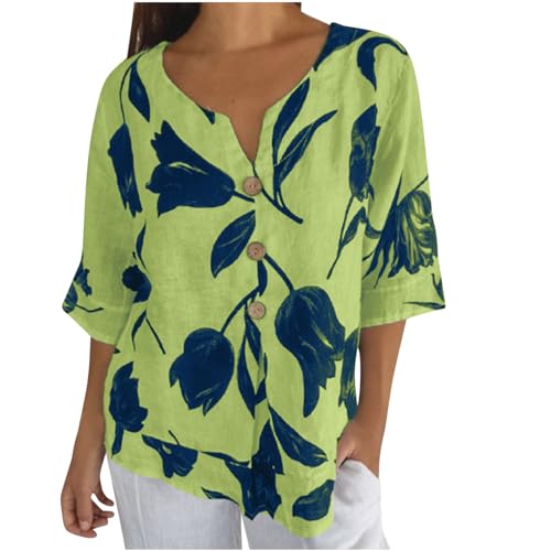 Leinenbluse Damen Bluse Damen Sommer Tunika V-Ausschnitt Große Größen Blusenshirt Damen Langarmshirt Leinen Baumwolle Hemd Oberteile Shirt Musselin Bluse von Wyongtao