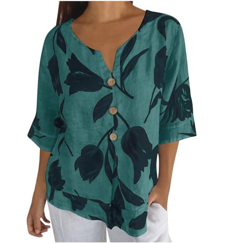 Leinenbluse Damen Bluse Damen Sommer Tunika V-Ausschnitt Große Größen Blusenshirt Damen Langarmshirt Leinen Baumwolle Hemd Oberteile Shirt Musselin Bluse von Wyongtao