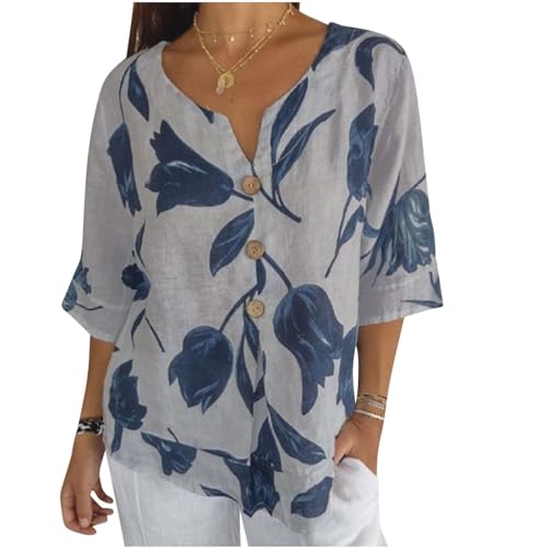 Wyongtao Damen Sommer Tunika V-Ausschnitt Große Größen Leinenbluse Baumwolle Hemd Oberteile Shirt Musselin Bluse Grau/Blau A-Linie Tunika Langarmshirt von Wyongtao