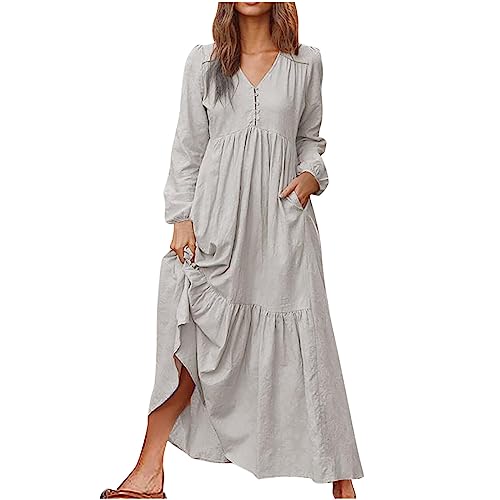 Leinenkleid Damen Lang Baumwolle Leinen Einfarbig Kaftan Boho Große Größen Mit Taschen Lose Langarm V-Ausschnitt Falten Lange Schichten Maxikleid Mittelalter Freizeitkleid Casual Oversize Kleid von Wyongtao