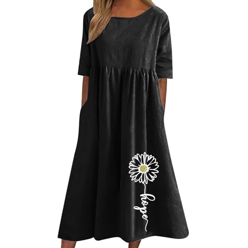 Leinenkleid Damen Sommer Rundhalsausschnitt Kurzarm Sommerkleid Damen Midi Leinenkleider Baumwolle Leinen Blusenkleid Casual Drucken Freizeitkleid Strandkleider Kleid A-Linie Kleid von Wyongtao