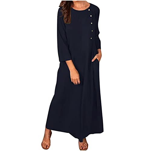 Leinenkleider Damen Elegantes Langes Kleid Langärmelige Maxikleider Boho Lässiges Strandkleid Ferien Langes Sonnenkleid A-Linie Vintage Baumwoll-Leinenkleid mit Taschen Damenkleider von Wyongtao