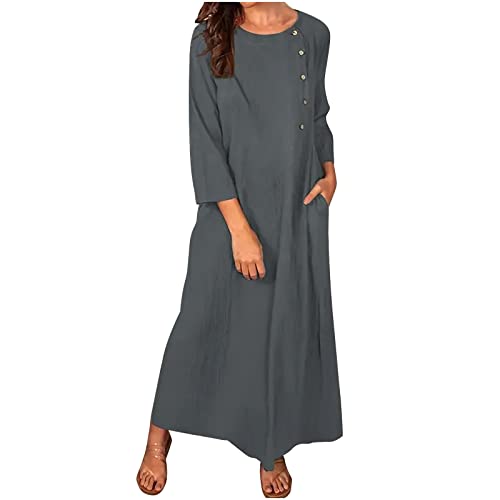 Leinenkleider Damen Elegantes Langes Kleid Langärmelige Maxikleider Boho Lässiges Strandkleid Ferien Langes Sonnenkleid A-Linie Vintage Baumwoll-Leinenkleid mit Taschen Damenkleider von Wyongtao