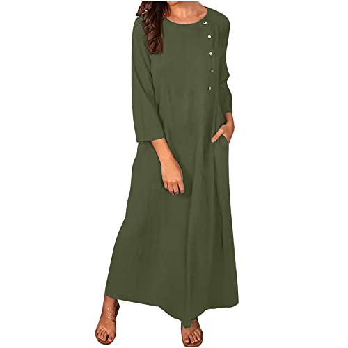 Leinenkleider Damen Elegantes Langes Kleid Langärmelige Maxikleider Boho Lässiges Strandkleid Ferien Langes Sonnenkleid A-Linie Vintage Baumwoll-Leinenkleid mit Taschen Damenkleider von Wyongtao