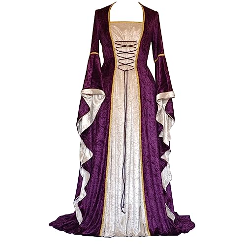 Mittelalter Kleidung Damen Renaissance Mittelalter Party Kostüm Maxikleid Viktorianische Damen Mittelalter Kleid mit TrompetenäRmel Bound Waist Elegantes Partykleid Cosplay Kostüm Halloween Kleidung von Wyongtao