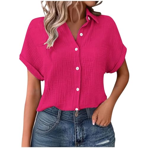 Musselin Bluse Damen 2025 Neue Elegant Tuniken Sommer Kurzarm Revers Knöpfen Hemdbluse Elegante Baumwoll Leinen Oberteile Oversize Shirt Damen Kurzarm Langes Blusen von Wyongtao