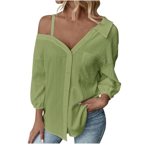 Musselin Bluse Damen Elegantes Damen Off-Shoulder Shirt 3/4-Ärmel V-Ausschnitt Sommer Oberteile Einfarbige Lässige Strandbluse Büro Arbeits Hemd von Wyongtao