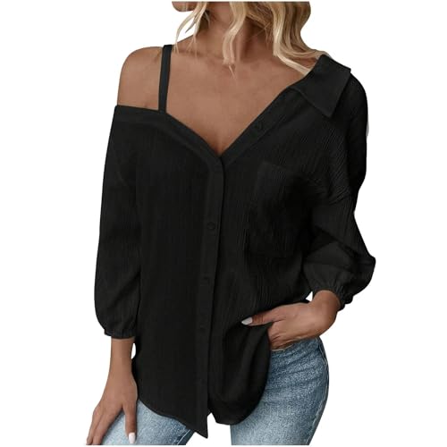 Musselin Bluse Damen Elegantes Damen Off-Shoulder Shirt 3/4-Ärmel V-Ausschnitt Sommer Oberteile Einfarbige Lässige Strandbluse Büro Arbeits Hemd von Wyongtao