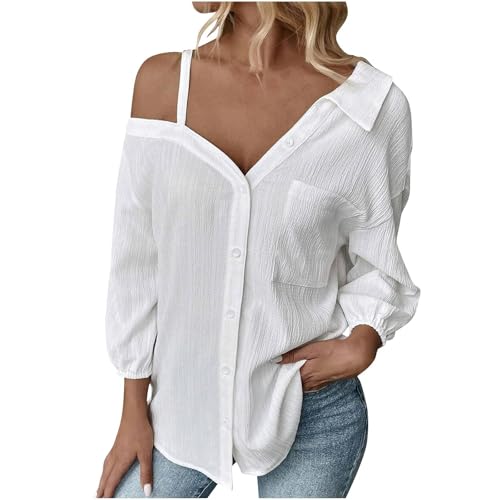 Musselin Bluse Damen Elegantes Damen Off-Shoulder Shirt 3/4-Ärmel V-Ausschnitt Sommer Oberteile Einfarbige Lässige Strandbluse Büro Arbeits Hemd von Wyongtao