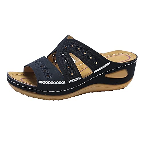 Orthopädische Hausschuhe Damen Sandalen Keilabsatz Leder Hausschuhe Vintage Sommerschuhe Freizeit Wedge mit Absatz und Fussbett Slides Slipperstrandschuhe Peep Toe Plateau Sandalen von Wyongtao