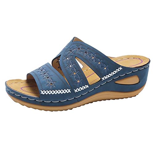 Orthopädische Hausschuhe Damen Sandalen Keilabsatz Leder Hausschuhe Vintage Sommerschuhe Freizeit Wedge mit Absatz und Fussbett Slides Slipperstrandschuhe Peep Toe Plateau Sandalen von Wyongtao