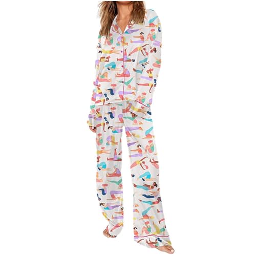Satin Pyjama Damen Neuer Rabatt Seiden Pyjama Set mit Schleifenprint Langärmlige Button Down Hemden + Lockere Flauschige Hosen Loungewear Pyjama Sets Weicher Gemütlicher Pyjama für alle Jahreszeiten von Wyongtao
