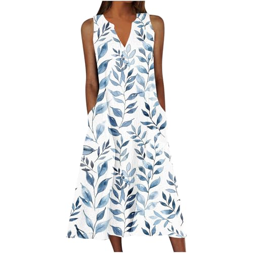 Sommerkleid Damen Elegant Blumenkleid Kurzarm Midikleid A Linie Casual Strandkleid Leichte Knielang Tunika Kleider mit Taschen V-Ausschnitt Sommer Boho Lange Kleider von Wyongtao