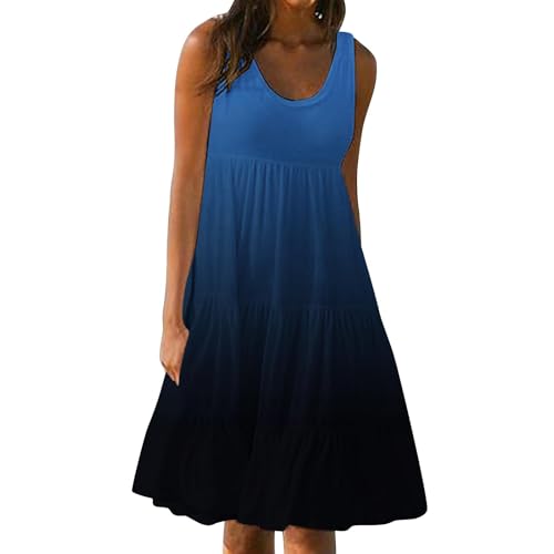 Sommerkleid Damen Leicht Boho Baumwolle Midikleider Lässiges Ärmelloses Plissiertes Strandkleid Fließendes Locker Sitzendes Swing Party Festliche Kleid Damen Übergröße S-5XL von Wyongtao