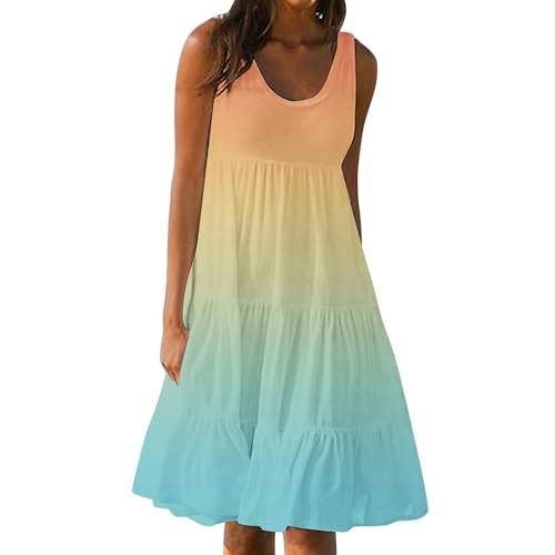 Sommerkleid Damen Leicht Boho Baumwolle Midikleider Lässiges Ärmelloses Plissiertes Strandkleid Fließendes Locker Sitzendes Swing Party Festliche Kleid Damen Übergröße S-5XL von Wyongtao