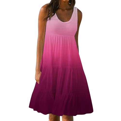 Sommerkleid Damen Leicht Boho Baumwolle Midikleider Lässiges Ärmelloses Plissiertes Strandkleid Fließendes Locker Sitzendes Swing Party Festliche Kleid Damen Übergröße S-5XL von Wyongtao