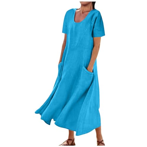 Sommerkleid Damen Leinenkleider Sommer Rundhalsausschnitt Kurzarm Lose Freizeitkleid Boho Langes Kleid Große Größen Damen Maxikleid Strandkleider Einfarbig Leicht Kleid Summer Dress mit Taschen von Wyongtao