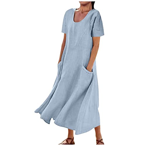 Sommerkleid Damen Leinenkleider Sommer Rundhalsausschnitt Kurzarm Lose Freizeitkleid Boho Langes Kleid Große Größen Damen Maxikleid Strandkleider Einfarbig Leicht Kleid Summer Dress mit Taschen von Wyongtao