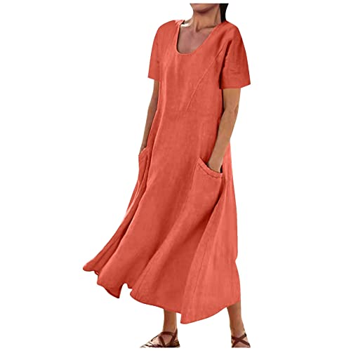 Sommerkleid Damen Leinenkleider Sommer Rundhalsausschnitt Kurzarm Lose Freizeitkleid Boho Langes Kleid Große Größen Damen Maxikleid Strandkleider Einfarbig Leicht Kleid Summer Dress mit Taschen von Wyongtao
