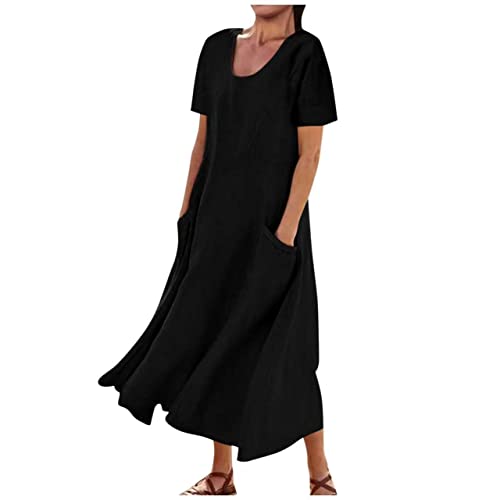Sommerkleid Damen Leinenkleider Sommer Rundhalsausschnitt Kurzarm Lose Freizeitkleid Boho Langes Kleid Große Größen Damen Maxikleid Strandkleider Einfarbig Leicht Kleid Summer Dress mit Taschen von Wyongtao